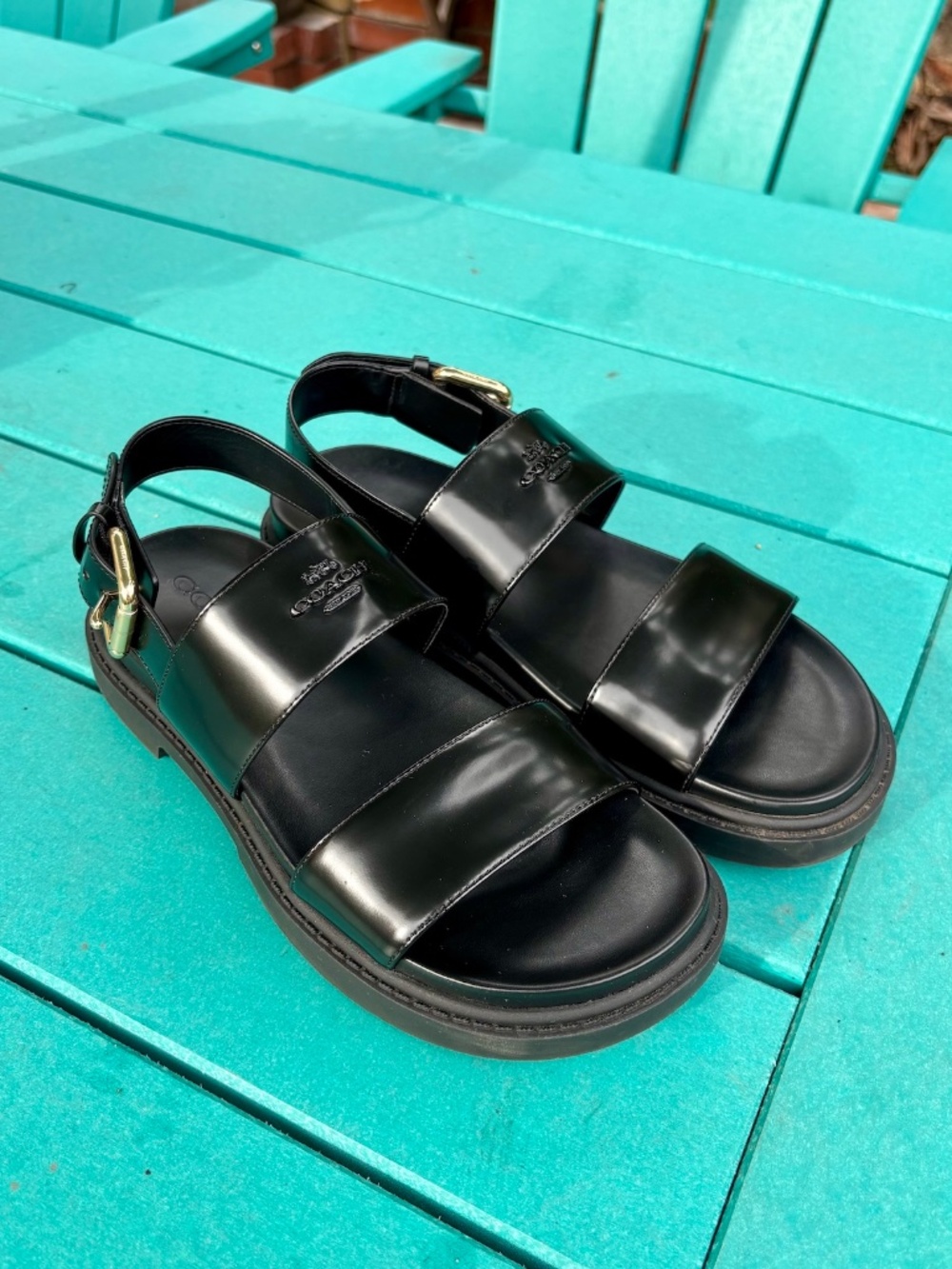 COACH Lockup Two Band Sandals Black Leather Gold-Tone Buckle Size 7 - Picture 3 of 10